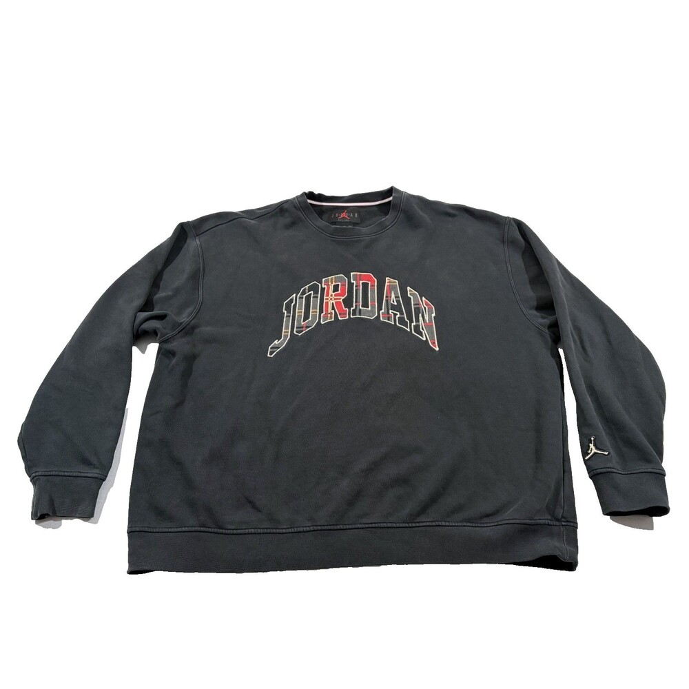 Air Jordan Essential Holiday Plaid Crewneck Sweatshirt Mens Black DQ7348 Sz 2XL - Picture 1 of 10